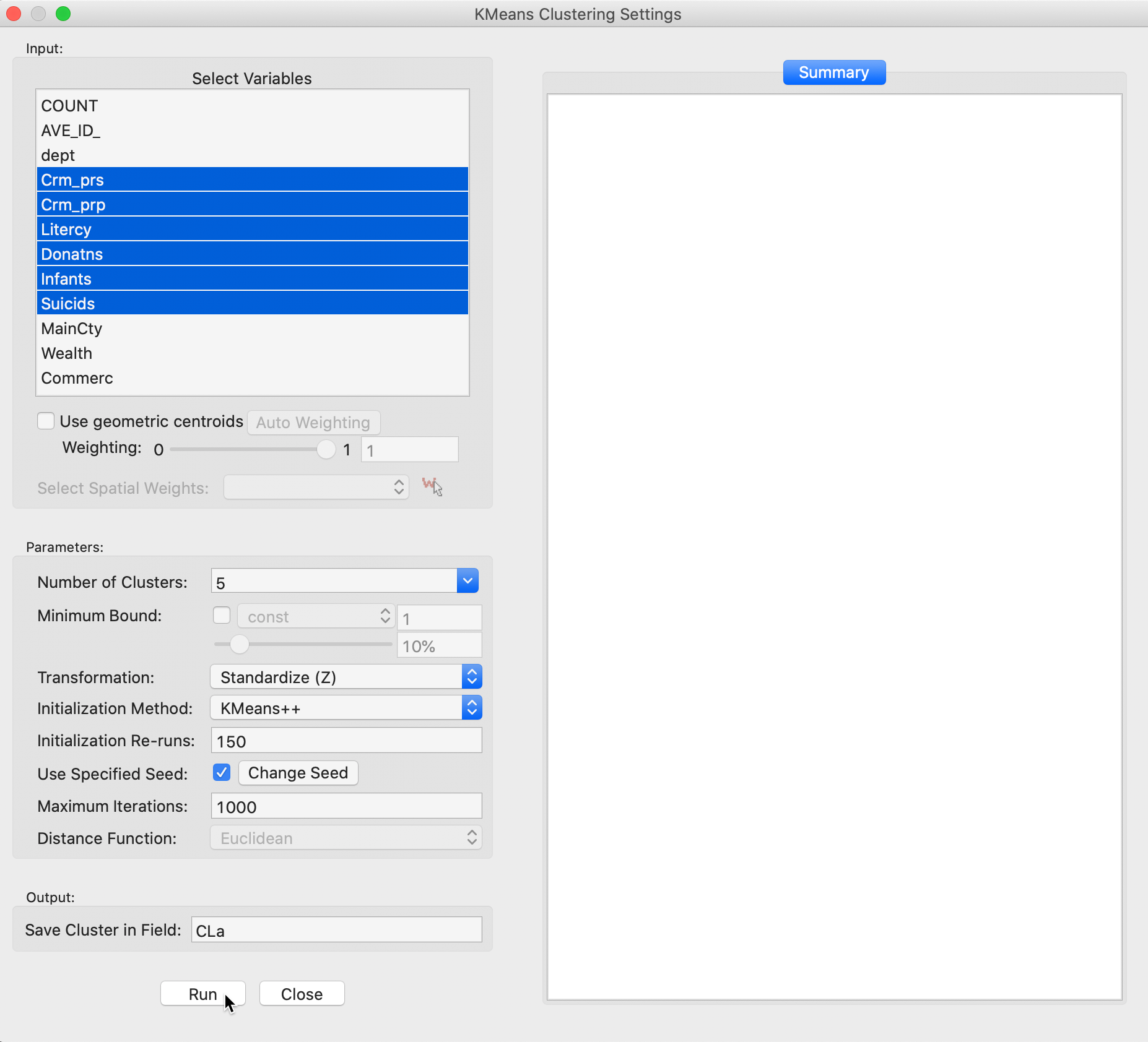 K Means variable selection