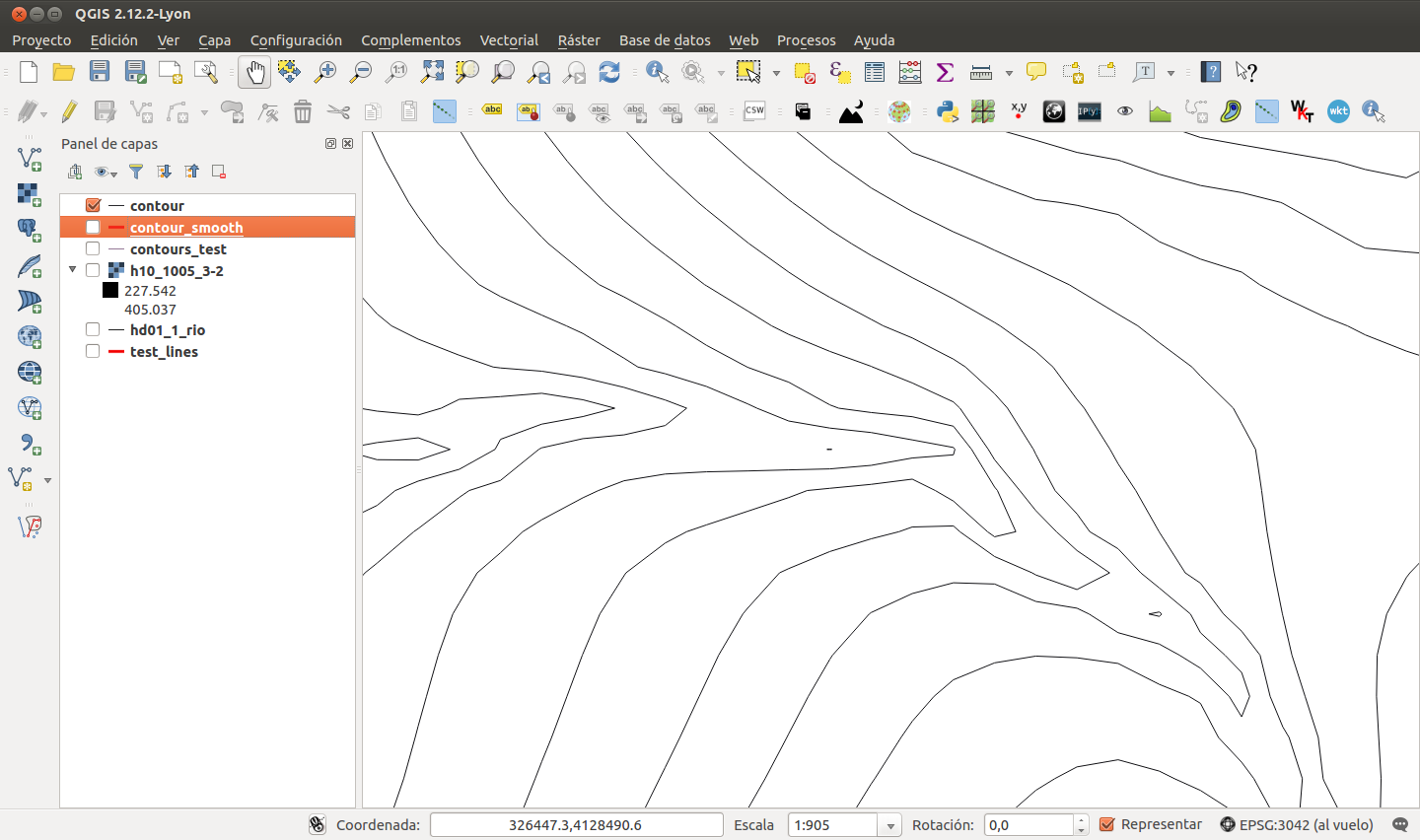 Unsmoothed dem contours layer.