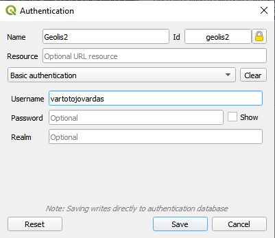 QGIS Autentifikacija su Id=geolis2