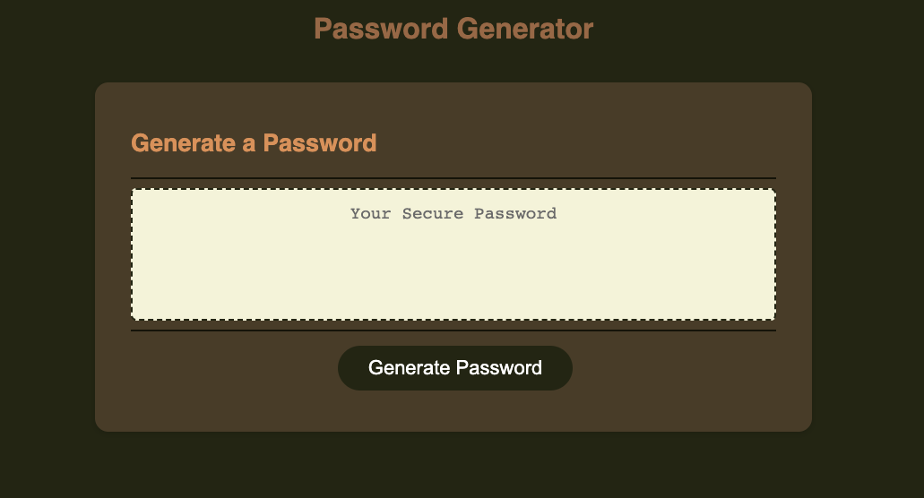 The Password Generator application displays a dark green button to "Generate Password".