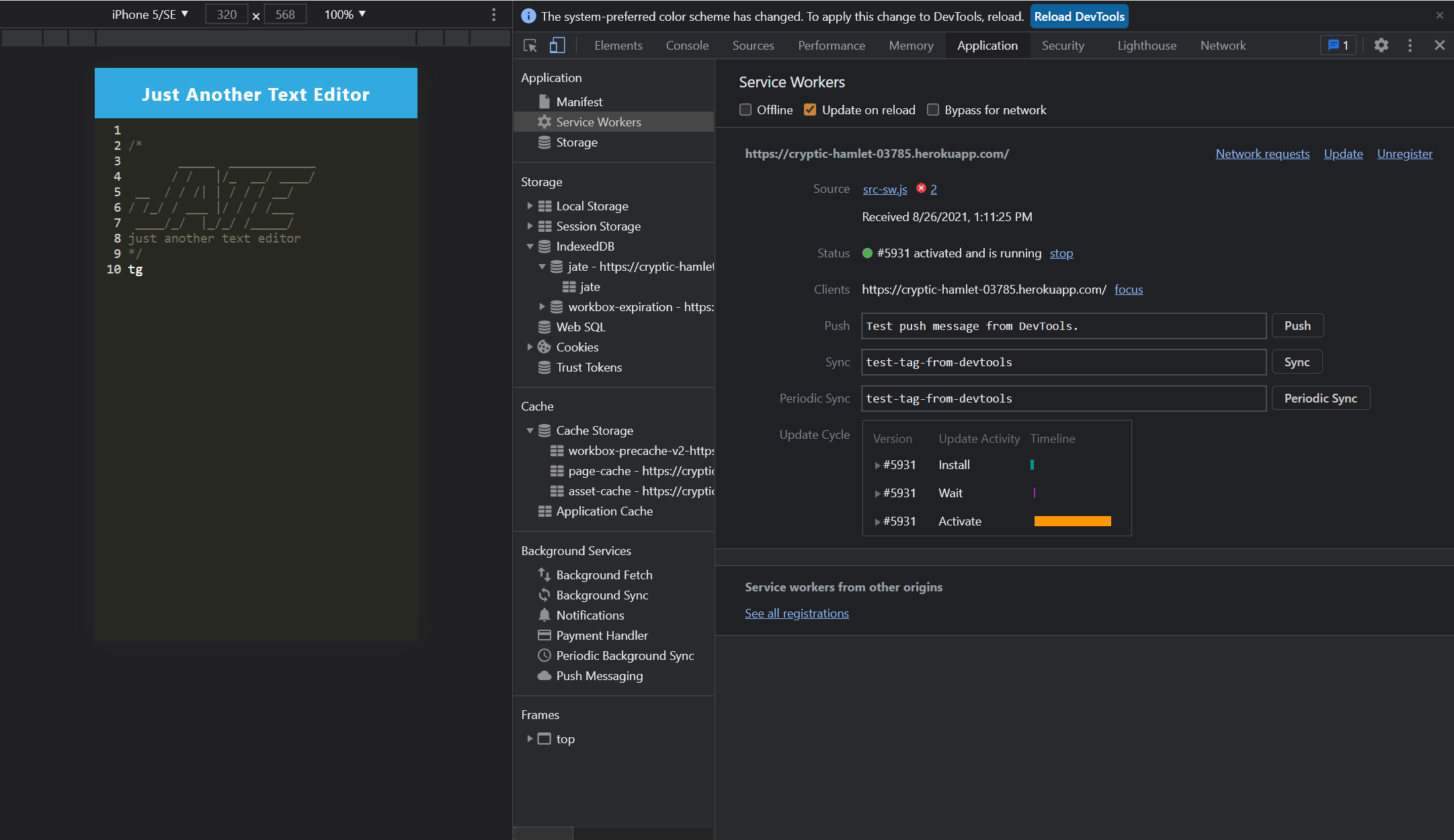 Demonstration of the finished Module 19 Challenge with a registered service worker in the browser.