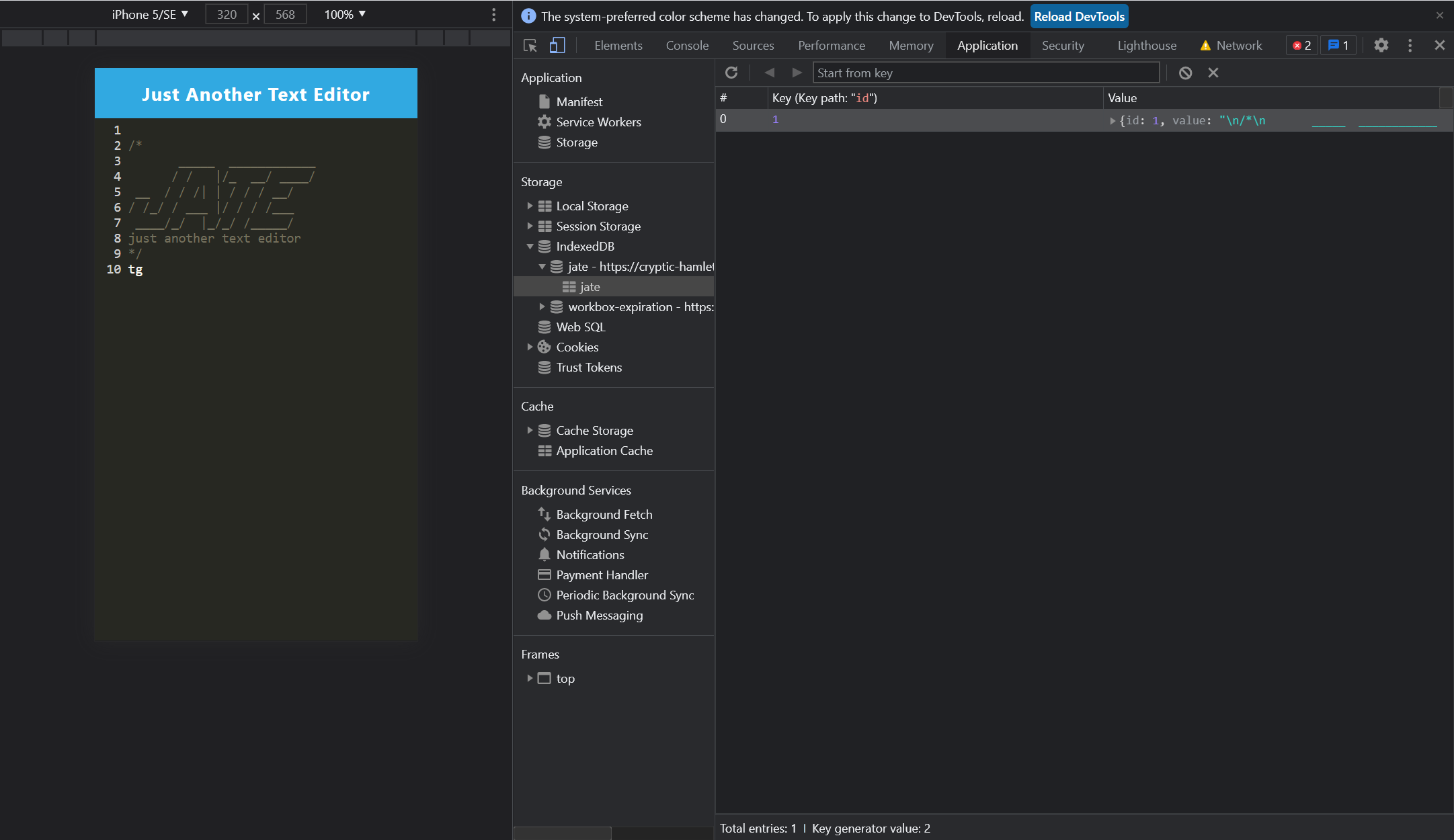 Demonstration of the finished Module 19 Challenge with a IndexedDB storage named 'jate' in the browser.