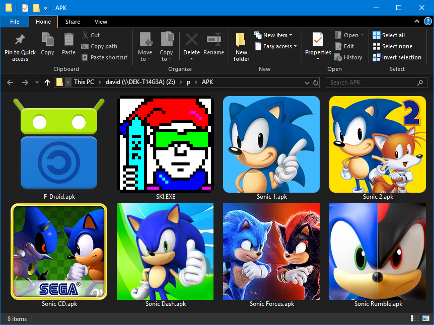 Windows Explorer showing Android APK packages and a 16-bit Windows application.