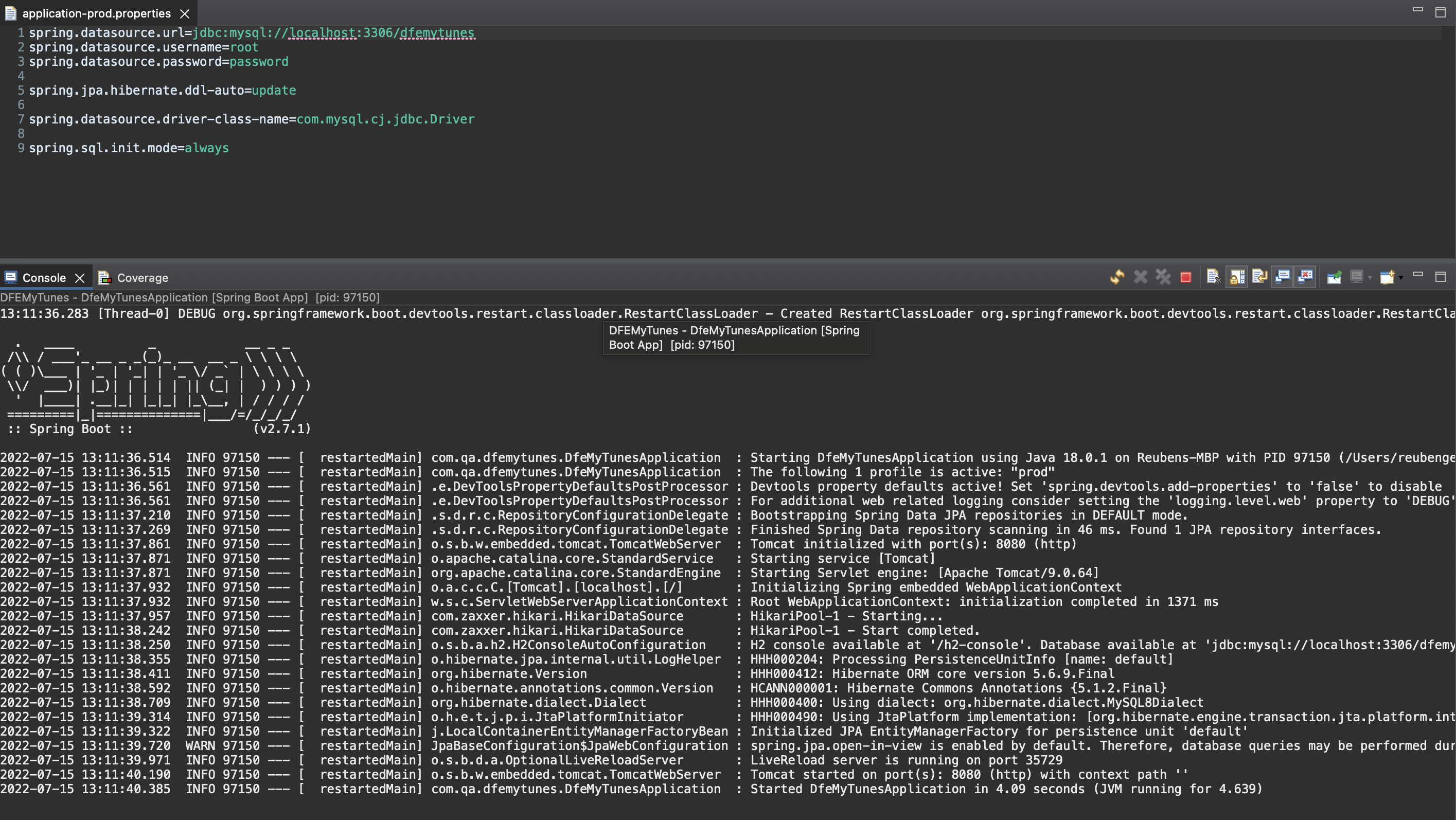 Showing persistance to MySQL database