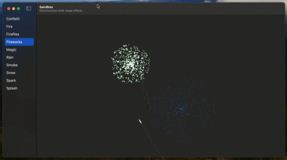 The Vortex Sandbox app demonstrating several built-in particle presets.