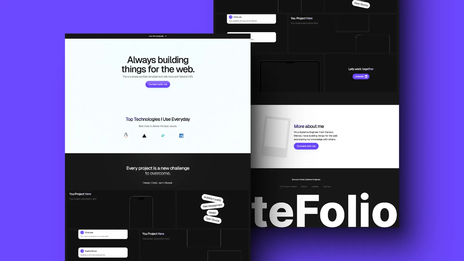 Une Landing Page pour règle d'or la simplicité, un modèle épuré et optimisé. Pour mettre en avant les compétences et les projets avec une configuration minimaliste et soignée. Idéal pour les créatifs qui souhaitent se démarquer grâce à un design épuré et adaptatif..