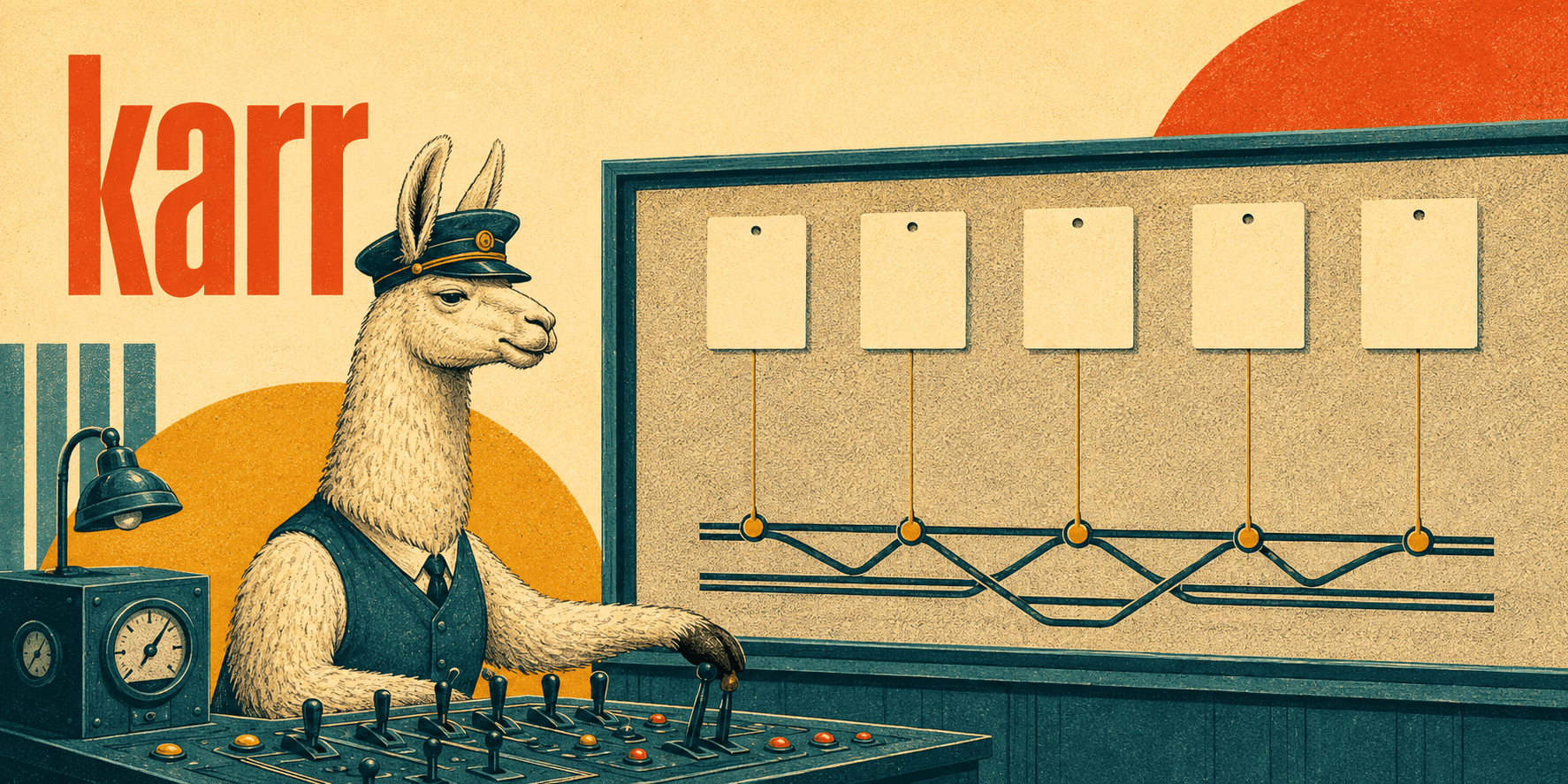karr — a llama signalman at a lever frame, routing kanban cards across tracks