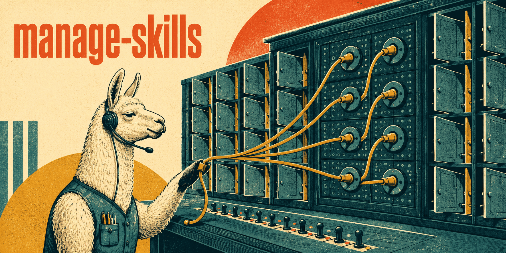 manage-skills — a llama in dungarees at a telephone switchboard, patching yellow cords into a wall of numbered pigeonhole cabinets