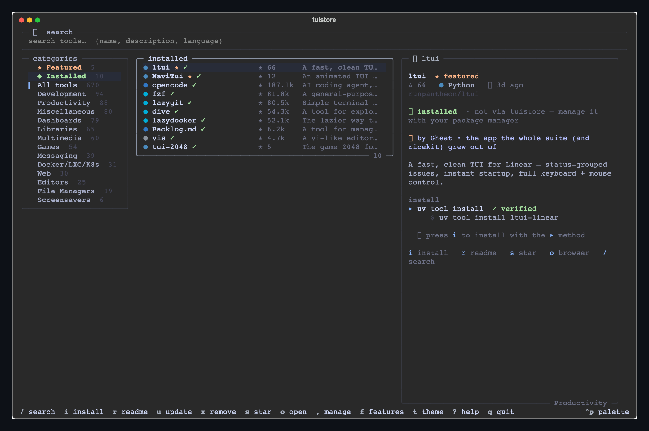 the Installed filter, with update / uninstall on a managed tool