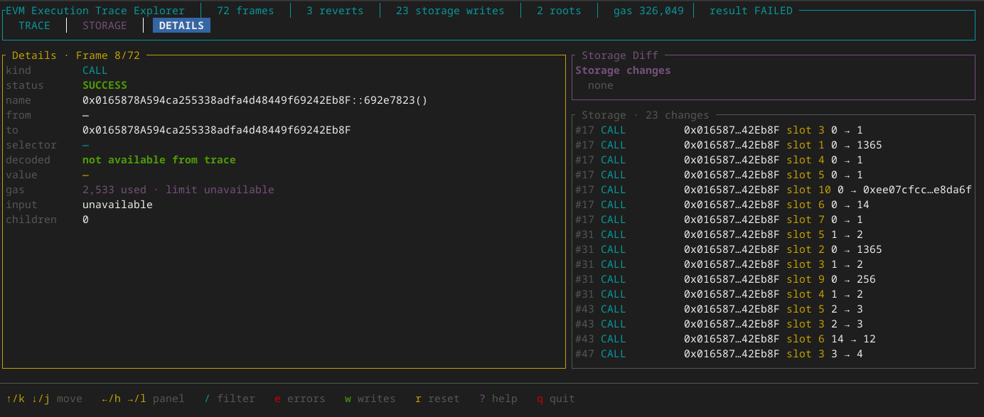 EVM Execution Trace Explorer — DETAILS panel