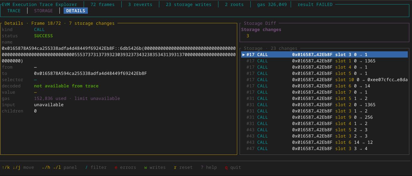EVM Execution Trace Explorer — STORAGE panel