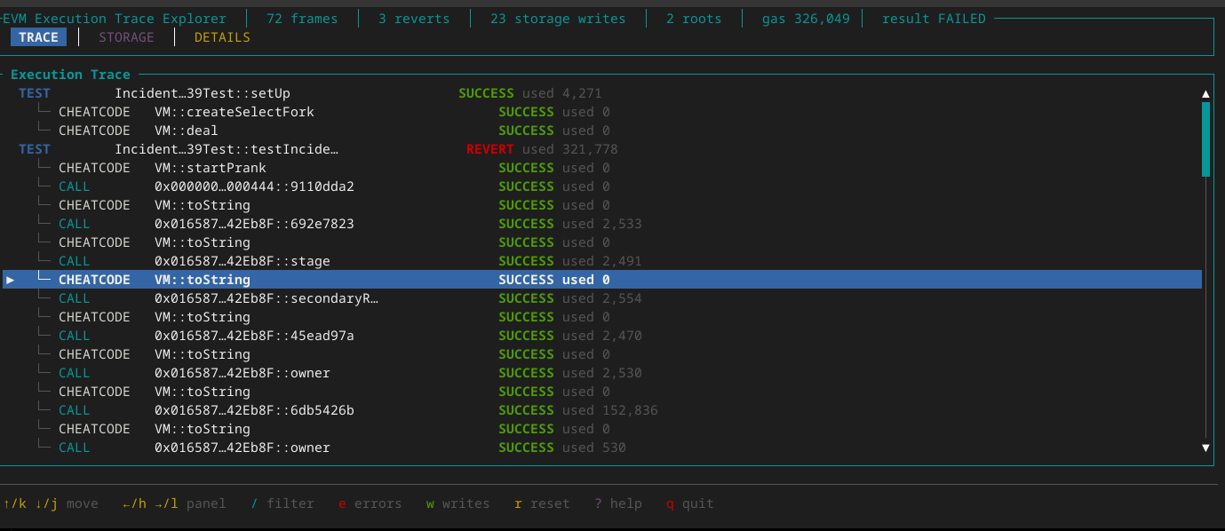 EVMTraceX trace explorer showing a nested EVM call tree