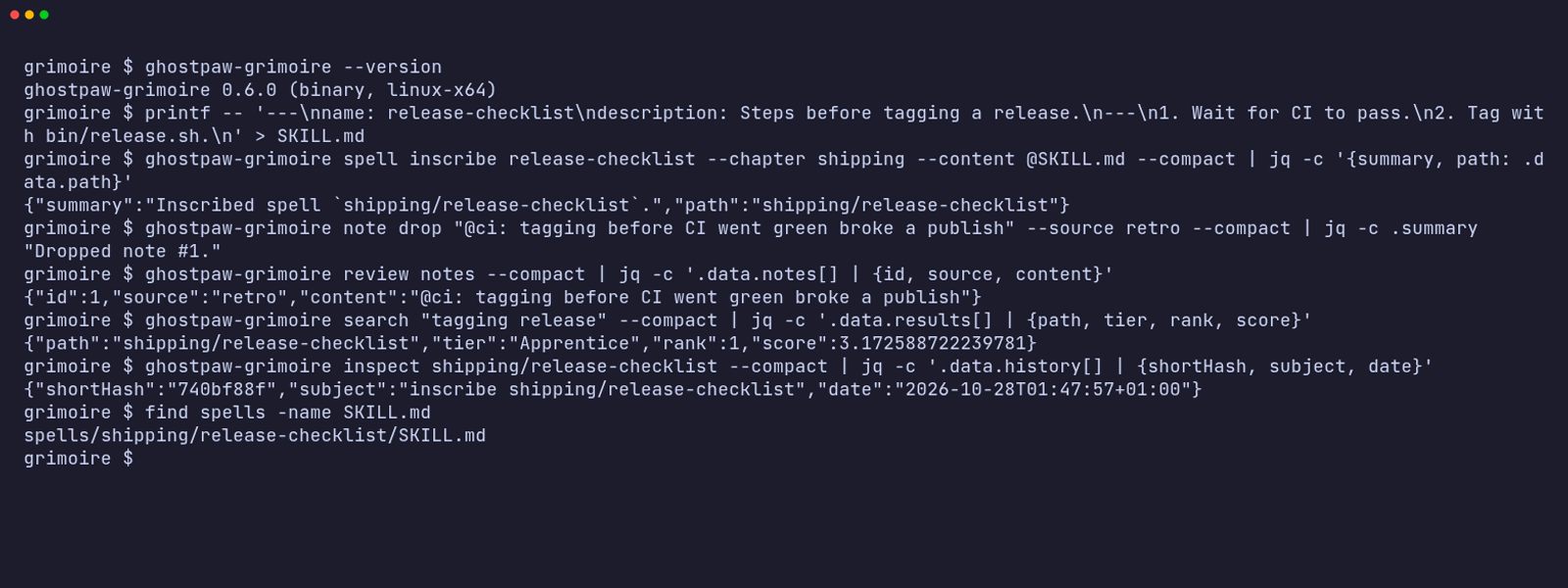 ghostpaw-grimoire 0.4.1: version, writing a SKILL.md, spell inscribe, note drop, search, inspect, draft submit, review validation and the spell file on disk