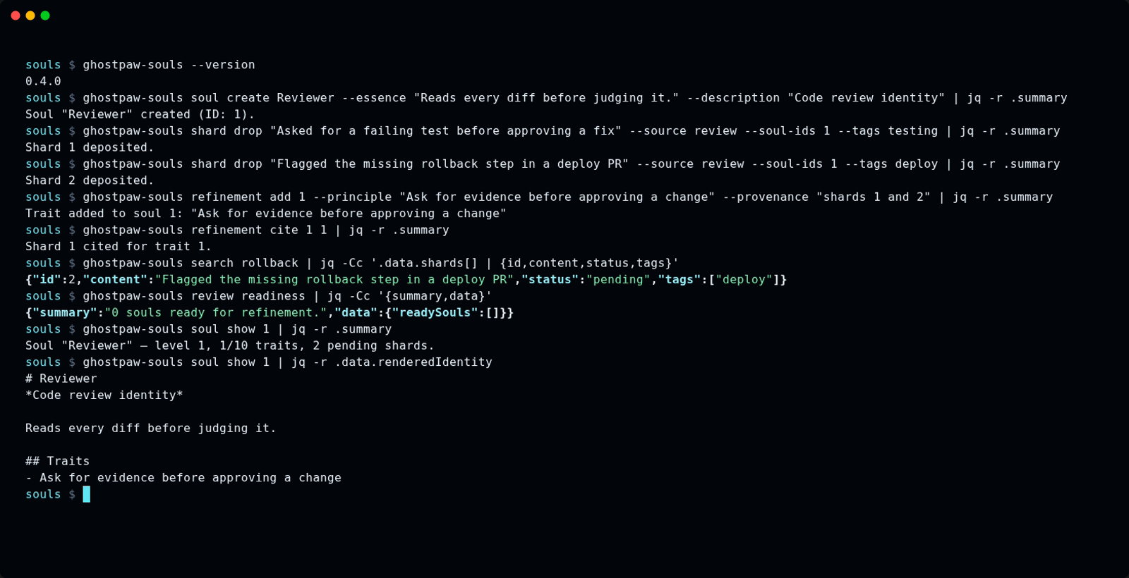 ghostpaw-souls 0.4.0: version, soul create, two shard drops, refinement add and cite, search, review readiness and soul show with the rendered identity