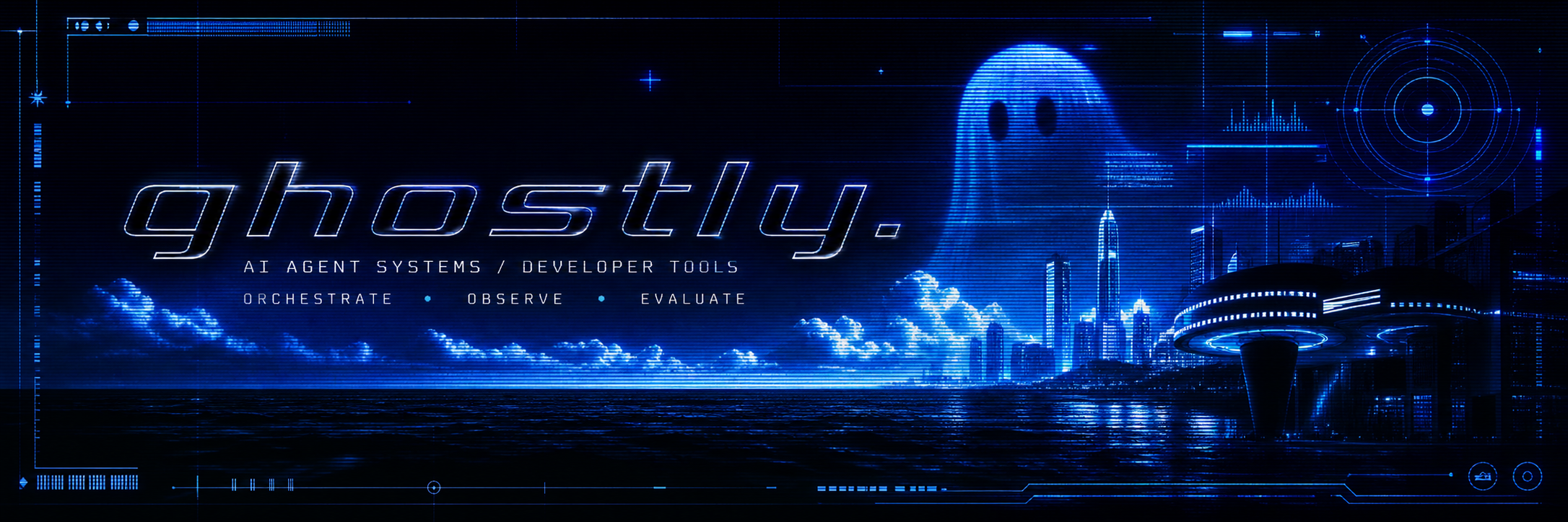 Ghostly — an electric-blue retro-futurist skyline and ocean banner for AI agent systems and developer tools.
