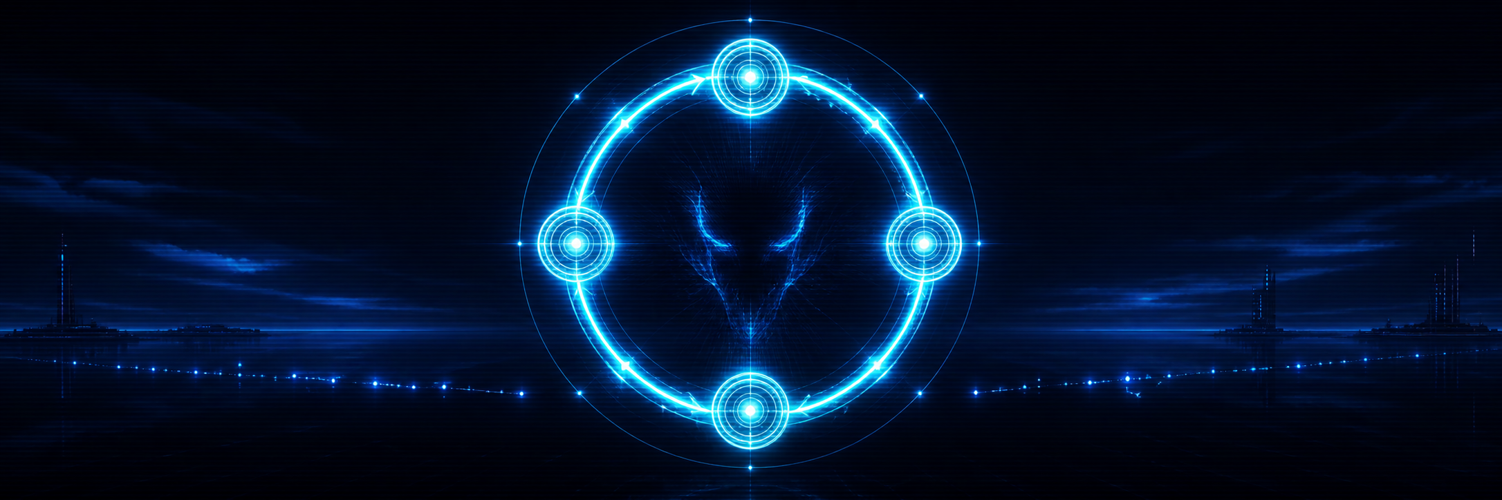 A cyan recursive signal loop above a dark cyber-futurist horizon
