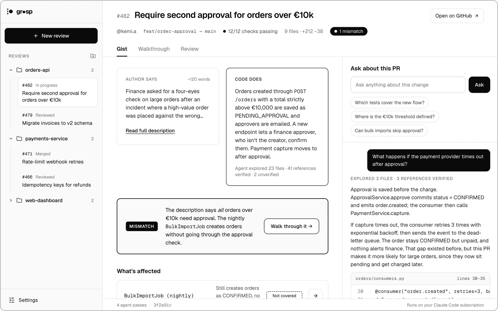 The Gist tab: Author says beside Code does, a mismatch callout, the affected entry points and the Ask panel