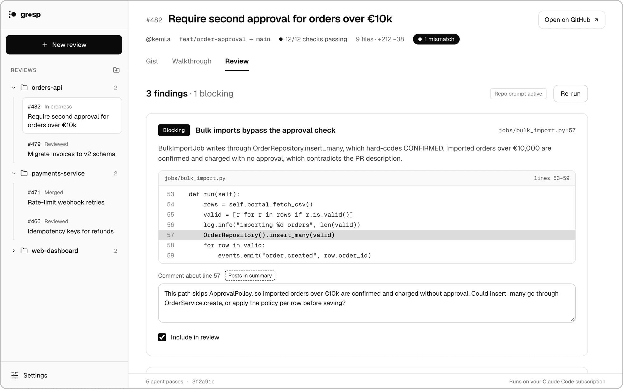 The Review tab: three findings, one blocking, each with a code excerpt and an editable comment