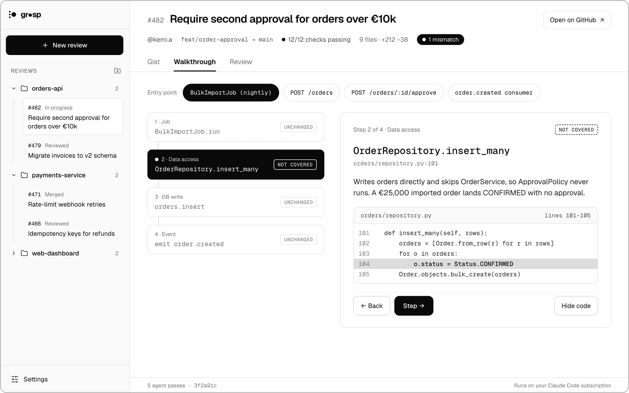 The Walkthrough tab: stepping through a bulk import job that skips the new approval check