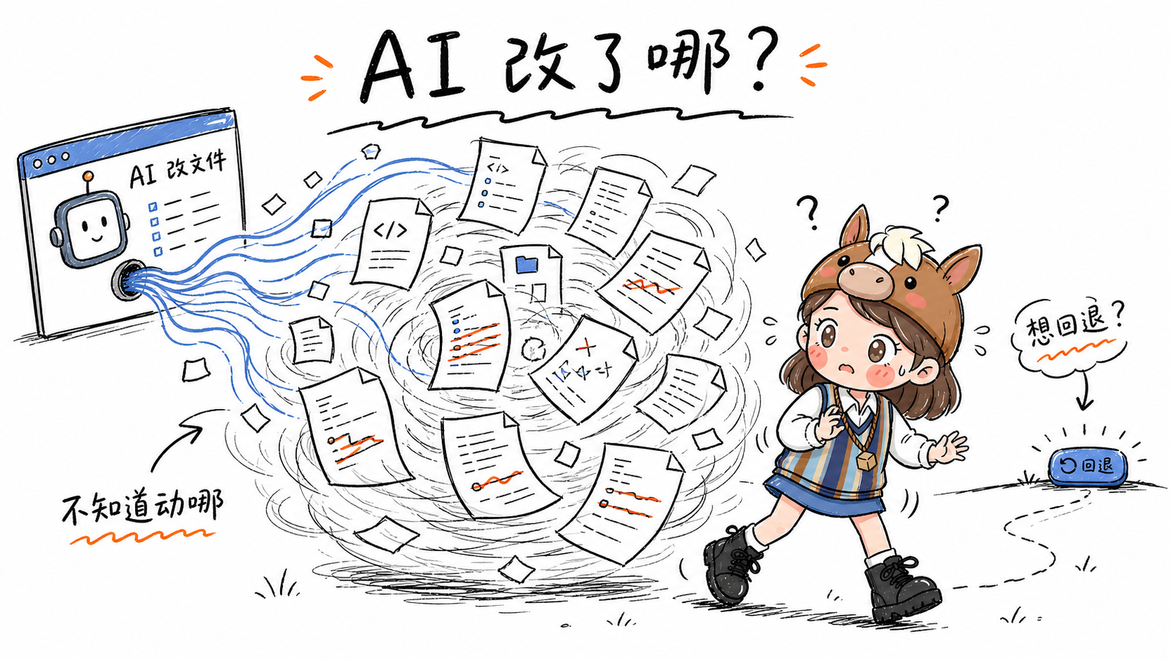 手绘女孩面对 AI 改动文件风暴并寻找回退按钮