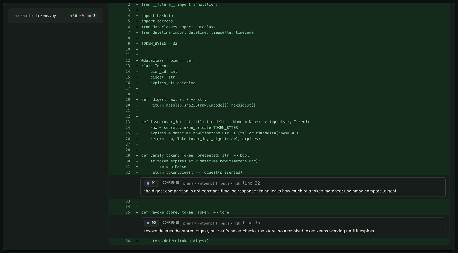 The diff a reviewer read, with a P1 finding pinned under the line comparing token digests and a P2 finding under the revoke function.