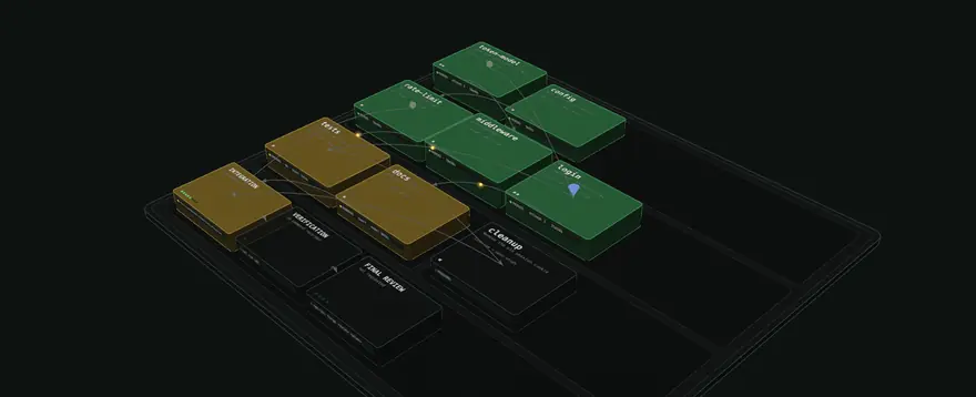 A decomposed run in forge-ui's 3D view: eight tasks on a plate in their planned waves, five merged in green and two running in amber, with a mark over each block for every review finding, then the same run on wall-clock time, where two first attempts that failed review show in red beside the retries that passed.