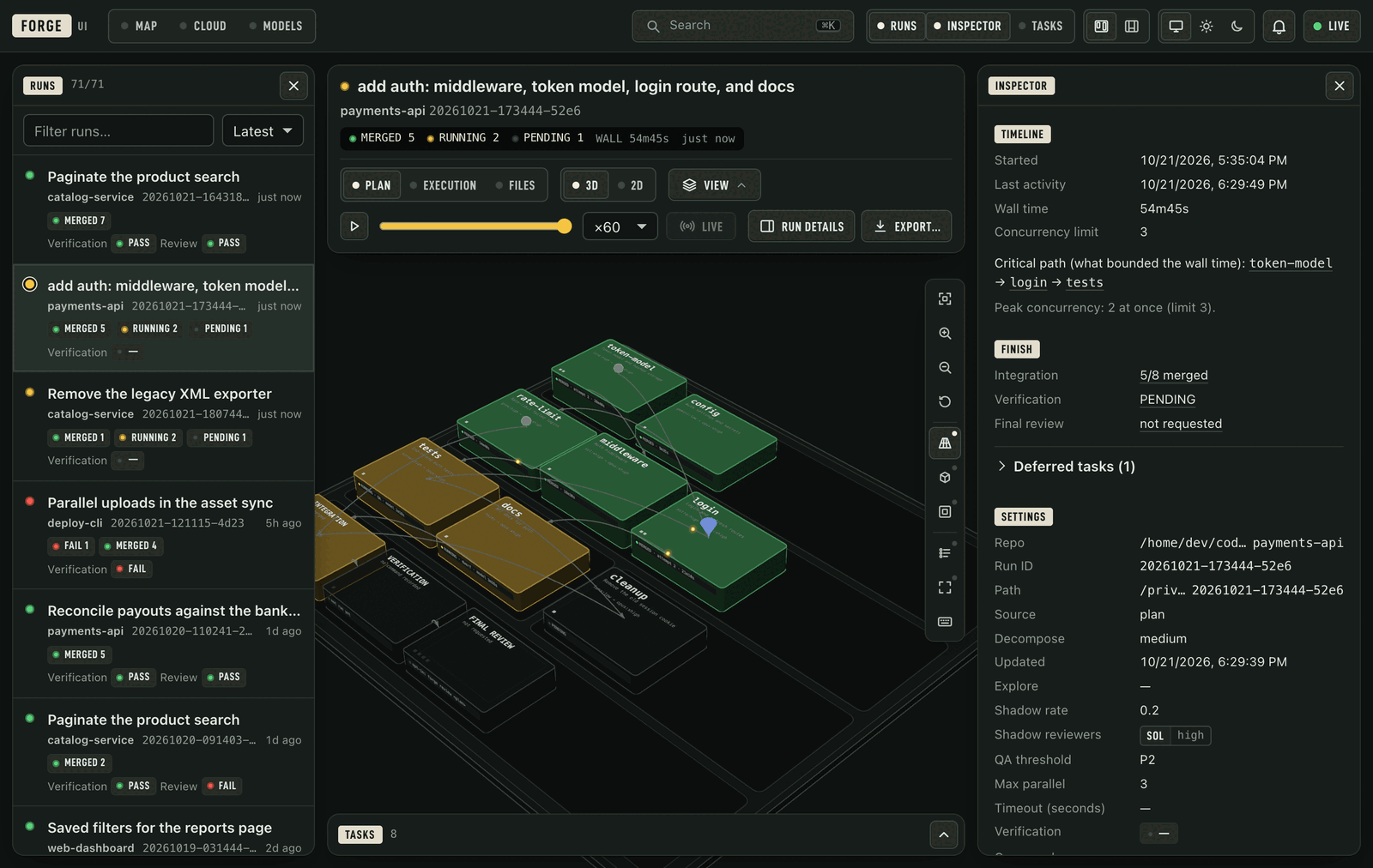 forge-ui's window: the runs list, a run's eight tasks on a 3D plate in their planned waves with dependency cables, finding marks and the finish nodes, and the run's inspector.