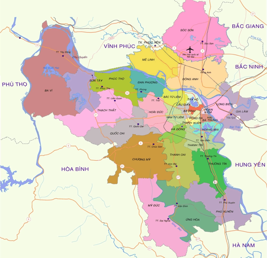 Bản đồ hành chính mới nhất của thủ đô Hà Nội
