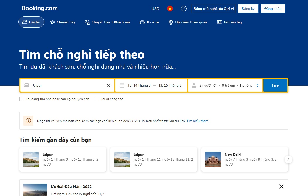 Giao diện trang chủ Booking.com