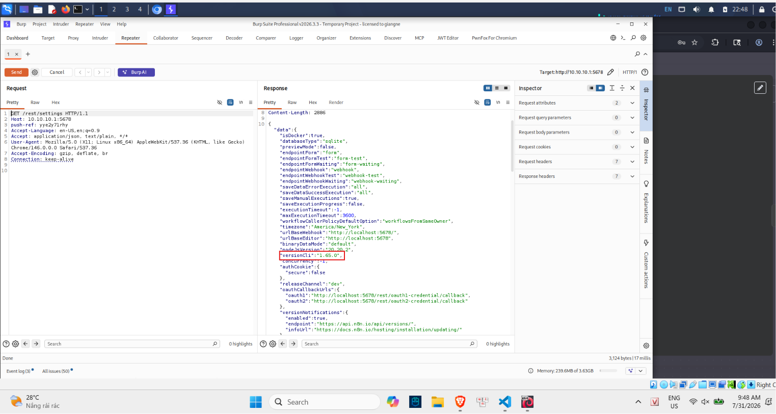 Hình 5 — Burp Repeater: GET /rest/settings, versionCli = 1.65.0