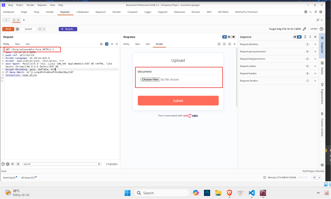 Hình 6 — Burp Repeater: GET /form/vulnerable-form, form upload file trả về 200 OK