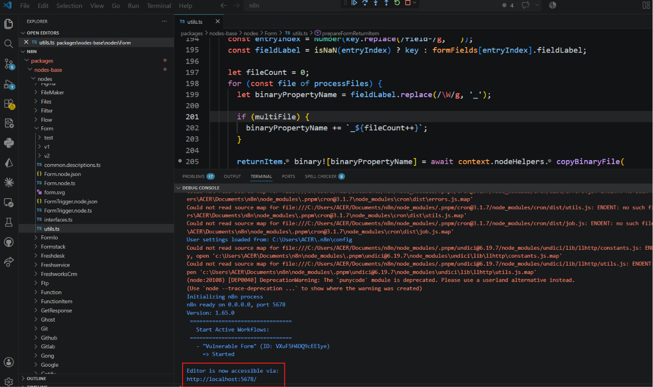 Hình 15 — VS Code debug: n8n 1.65.0 chạy, workflow "Vulnerable Form" started, breakpoint tại utils.ts