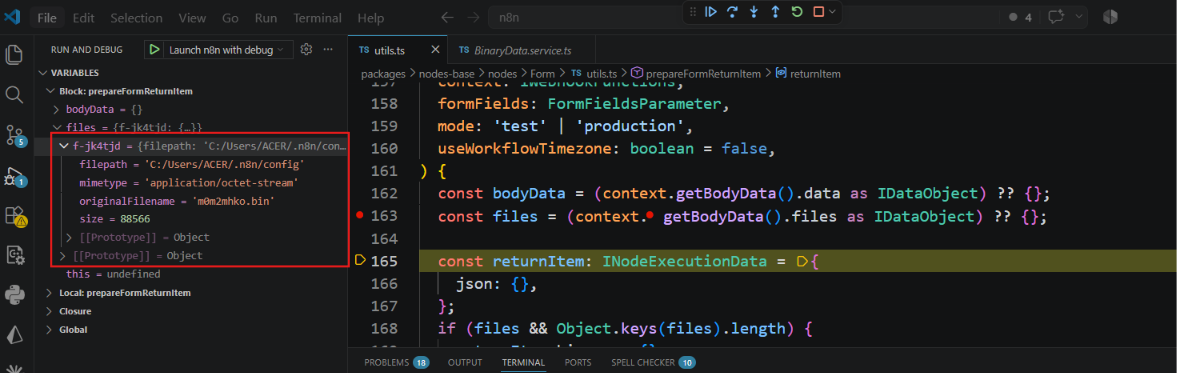 Hình 16 — Debugger dừng tại utils.ts:163, Variables panel thấy files chứa filepath do attacker kiểm soát