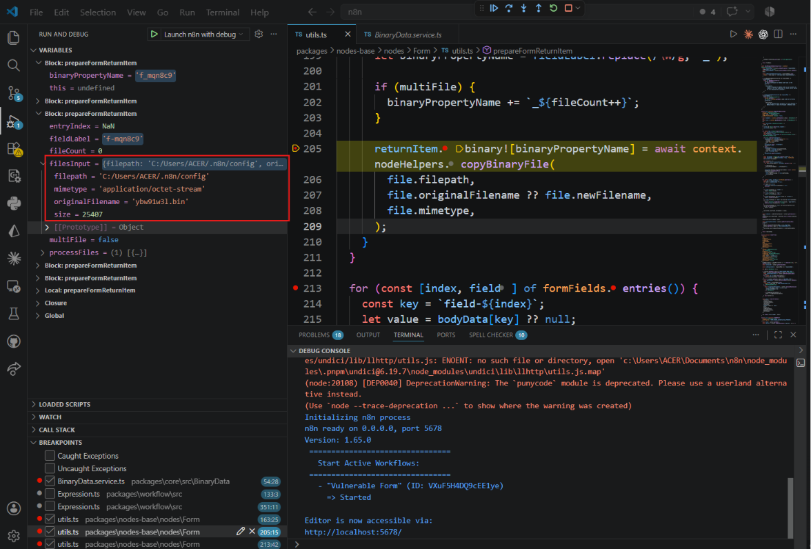 Hình 17 — Debugger tại utils.ts:205, copyBinaryFile nhận filepath do attacker kiểm soát