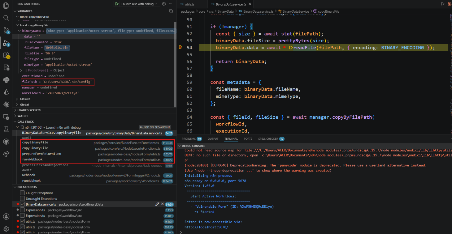 Hình 18 — Debugger tại BinaryData.service.ts:54, readFile với attacker path, Call Stack đầy đủ