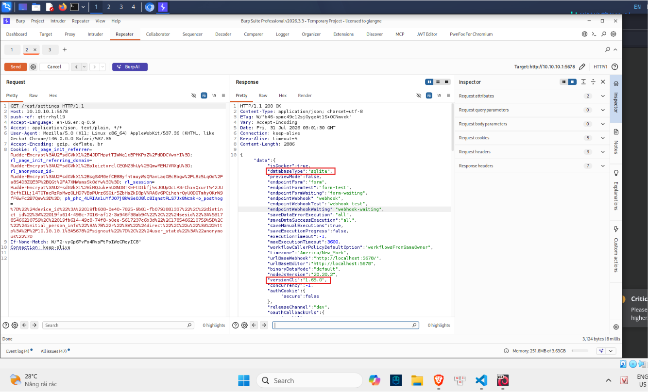 Hình 7 — Burp Repeater: fingerprint n8n, databaseType = sqlite, versionCli = 1.65.0