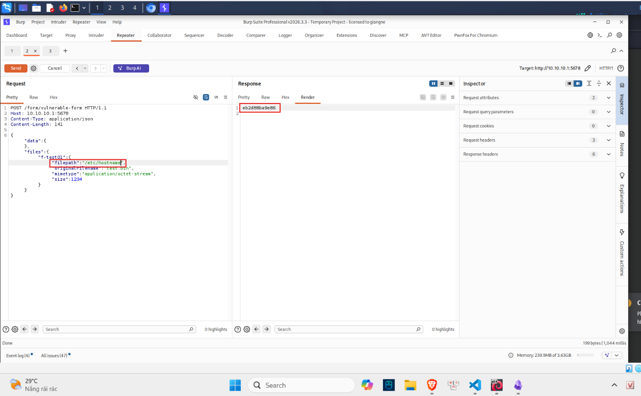 Hình 8 — Burp Repeater: Content-Type Confusion PoC, đọc /etc/hostname thành công