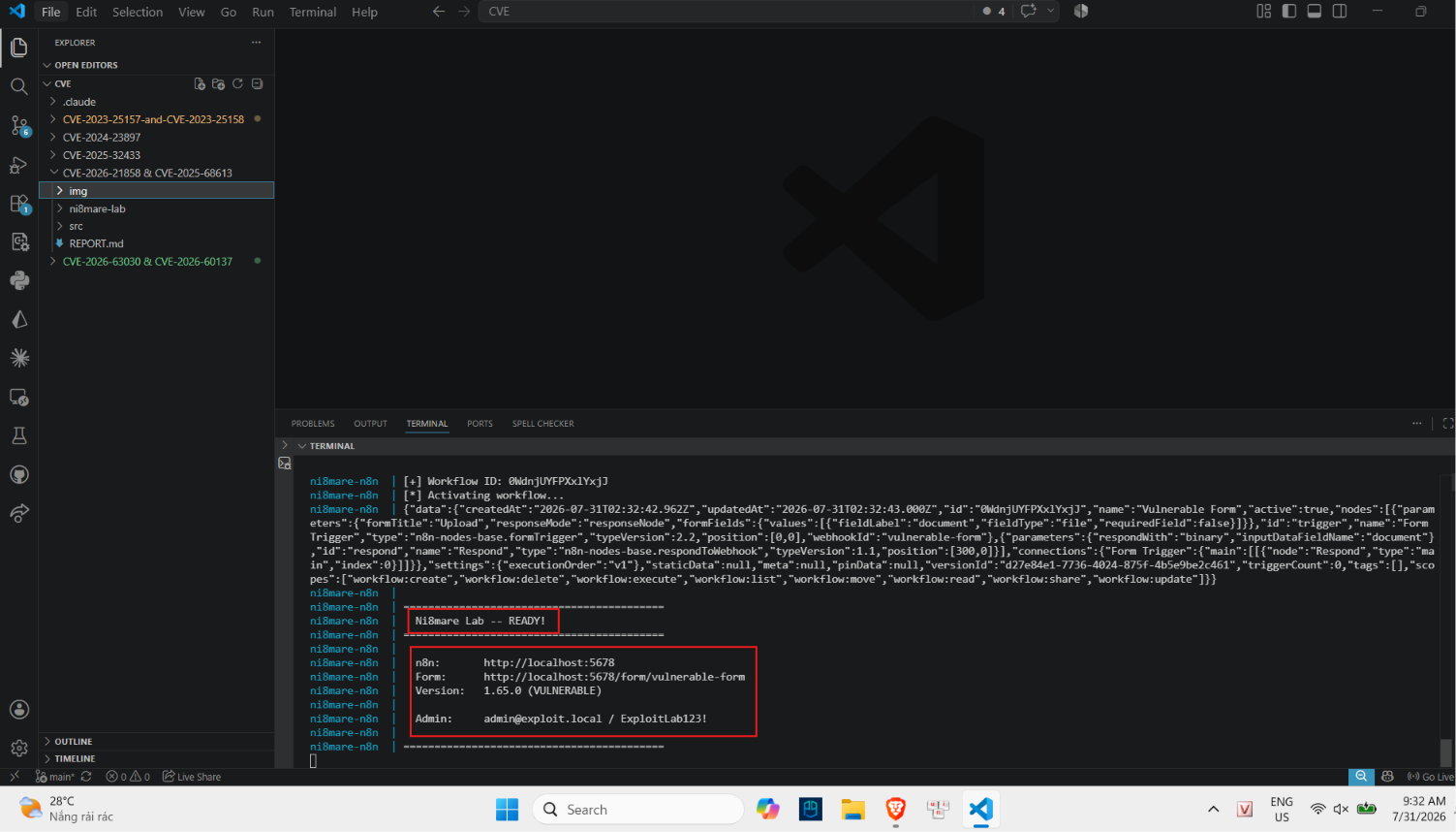 Hình 1 — Docker logs: Ni8mare Lab READY, version 1.65.0, admin account + workflow created