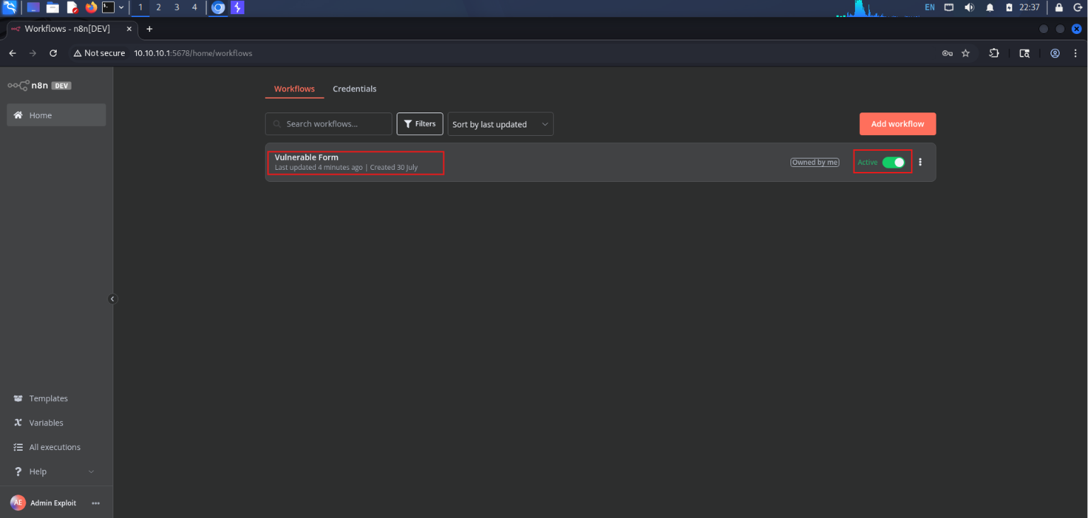Hình 2 — n8n Dashboard: workflow "Vulnerable Form" đang Active