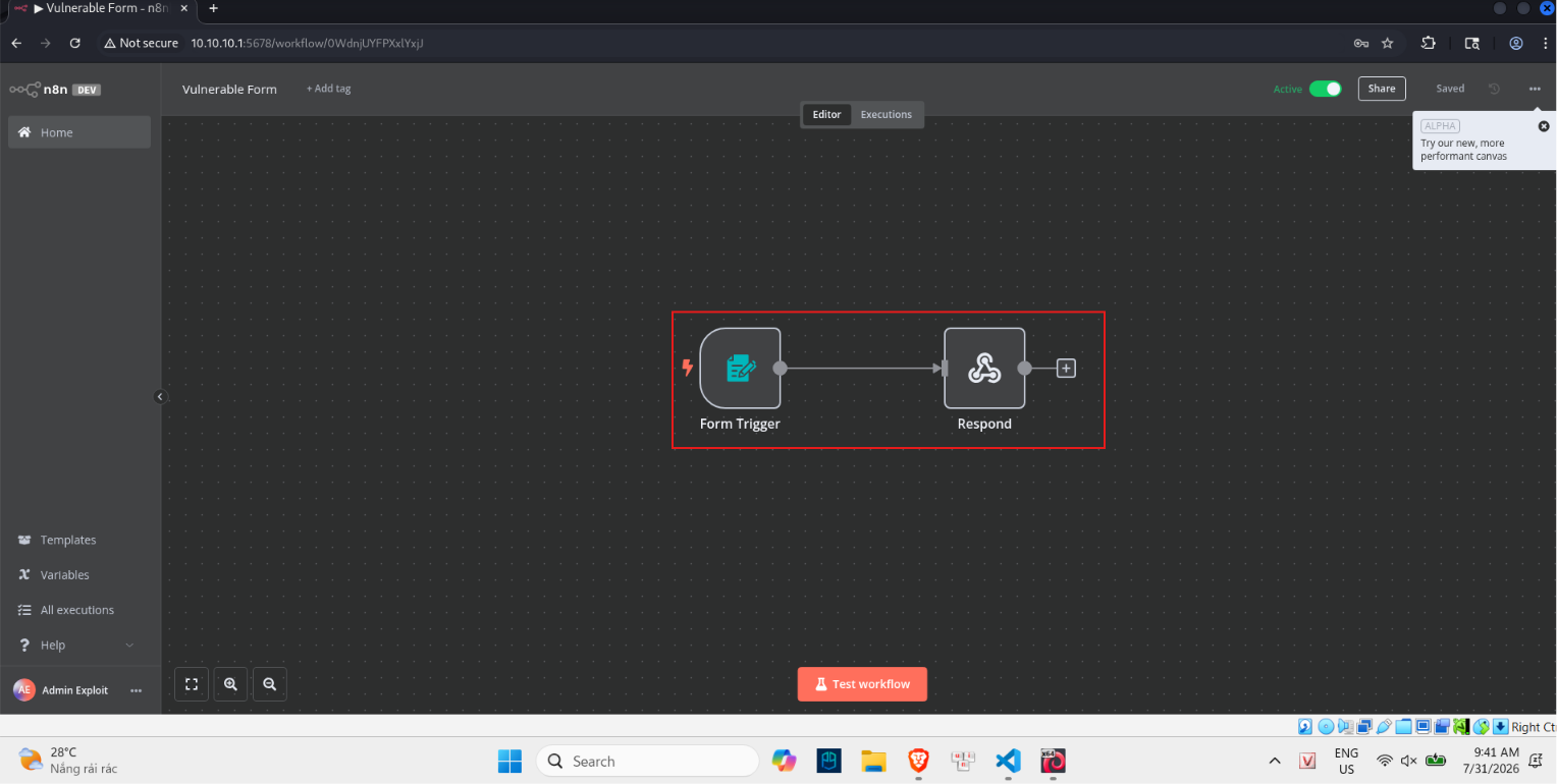 Hình 3 — Workflow editor: Form Trigger → Respond