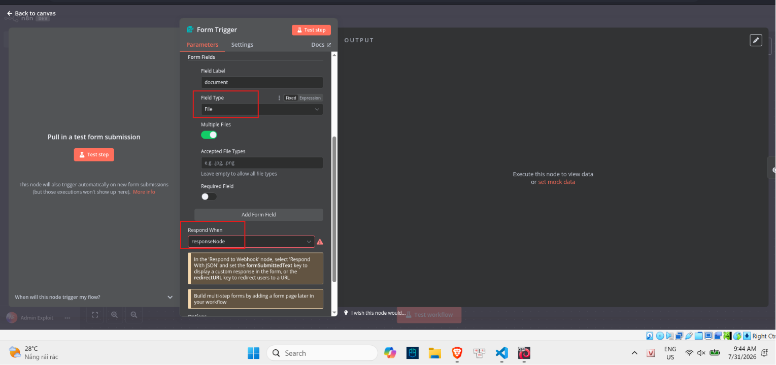 Hình 4 — Form Trigger config: Field Type = File, Respond When = responseNode