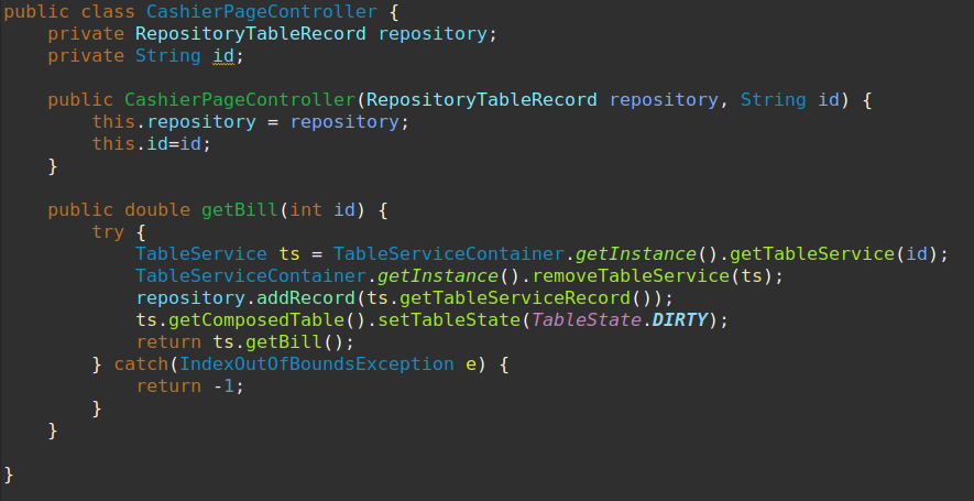 Porzione di codice della classe CashierPageController