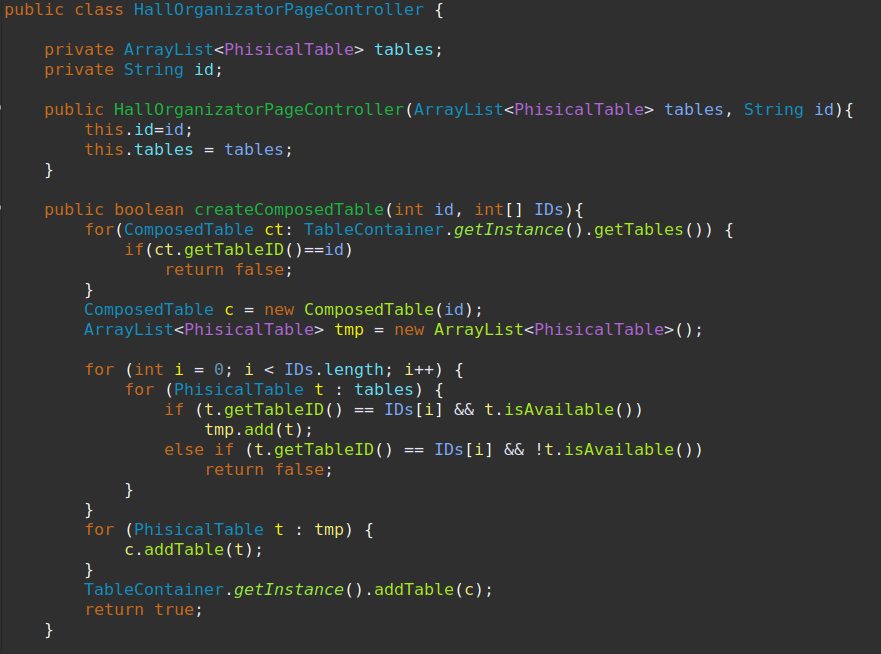 Porzione di codice della classe HallOrganizatorPageController