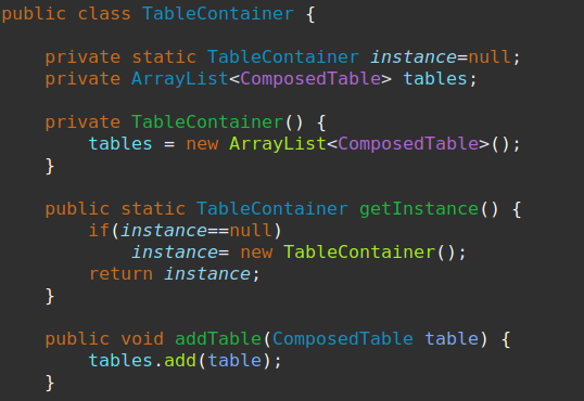 Porzione di codice della classe TableContainer