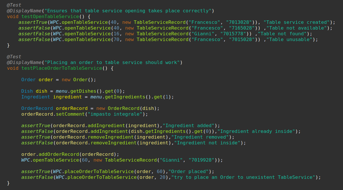 Porzione di codice del test case del cameriere